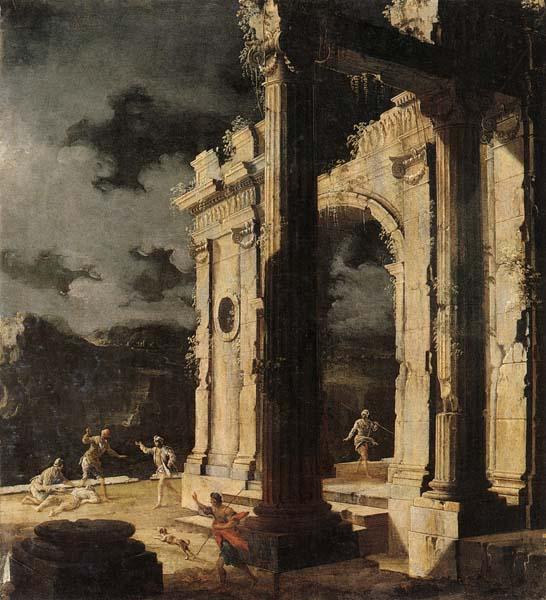 Leonardo Coccorante An architectural capriccio with figures amongst ruins,under a stormy night sky oil painting image